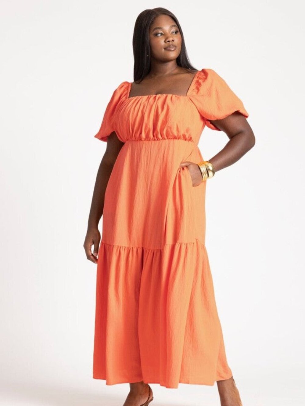 NWT Eloquii Puff Sleeve Tiered Maxi Dress | Size 22 | Orange | Brand New